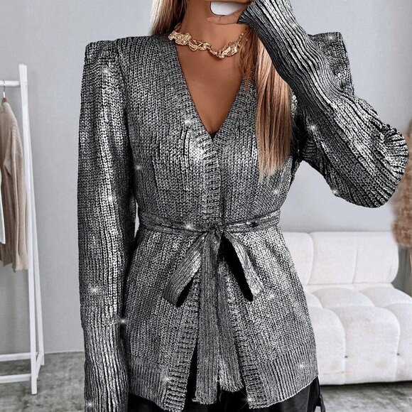 Women's stylish contemporary Silver Metallic Belted knit Cardigan - Picture 3 of 7